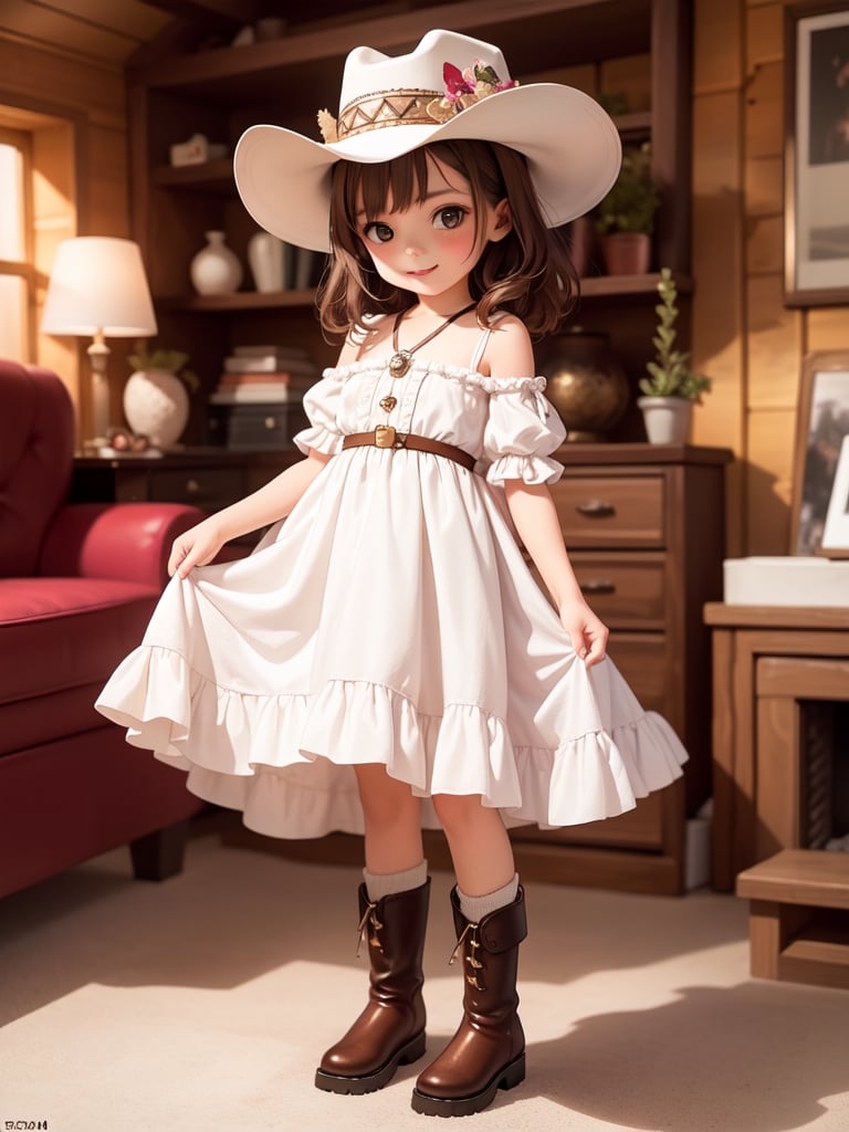 ((6 year old girl: 1.5)), 1 girl, loli, petite girl, complete anatomy, whole body, child's body, child, super cute, girl, little girl, beautiful girl, beautiful shining body, bangs, brown hair, back high eyes, (aquamarine eyes), droopy eyes, petite, tall eyes, beautiful girl with beautiful details, beautiful delicate eyes, detailed face, beautiful eyes, beautiful shining body, smile, happiness, full body angle, old days House in the American West,  Inside the Room,  Fireplace, ((western boots, Cowboy Hat: 1.5)),black belt,
((Realism: 1.2)), Dynamic long shots, Cinematic lighting, Perfect composition, Highly detailed, Official art, Masterpiece by Sumic.mic, (Top quality: 1.3), Reflections, Highly detailed CG Unity 8k Wallpaper, Detailed Background, Masterpiece , Best Quality, (Masterpiece), (Best Quality: 1.4), (Ultra High Resolution: 1.2), (Hyper Realistic: 1.4), (Photorealistic: 1.1), Best quality, high quality, high resolution, detail emphasis,((Log house room: 1.4)),masterpiece