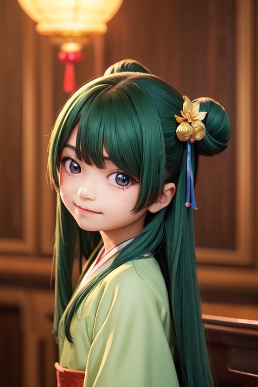 ((6year old girl:1.5)), loli, petite girl, Portrait, children's body, beautiful shining body, (( bangs)),high eyes,(brown eyes:1.4), petite,tall eyes, beautiful girl with fine details, Beautiful and delicate eyes, detailed face, Beautiful eyes,natural light,((realism: 1.2 )), dynamic far view shot,cinematic lighting, perfect composition, by sumic.mic, ultra detailed, official art, masterpiece, (best quality:1.3), reflections, extremely detailed cg unity 8k wallpaper, detailed background, masterpiece, best quality , (masterpiece), (best quality:1.4), (ultra highres:1.2), (hyperrealistic:1.4), (photorealistic:1.2), best quality, high quality, highres, detail enhancement, ((long hair:1.4)),
((tareme,animated eyes, big eyes,droopy eyes:1.2)),deformed Anime ,smirk,
1girl hair ribbon hair ornament, hanfu green shirt wide sleeves red skirt long skirt ,  indoors, east asian architecture,((hair ribbon hair ornament,bun)),((Portrait)),maomao,((Dark green hair:1.4)),
shangfu,lady in waiting,jinshi,[[[freckles]]]
