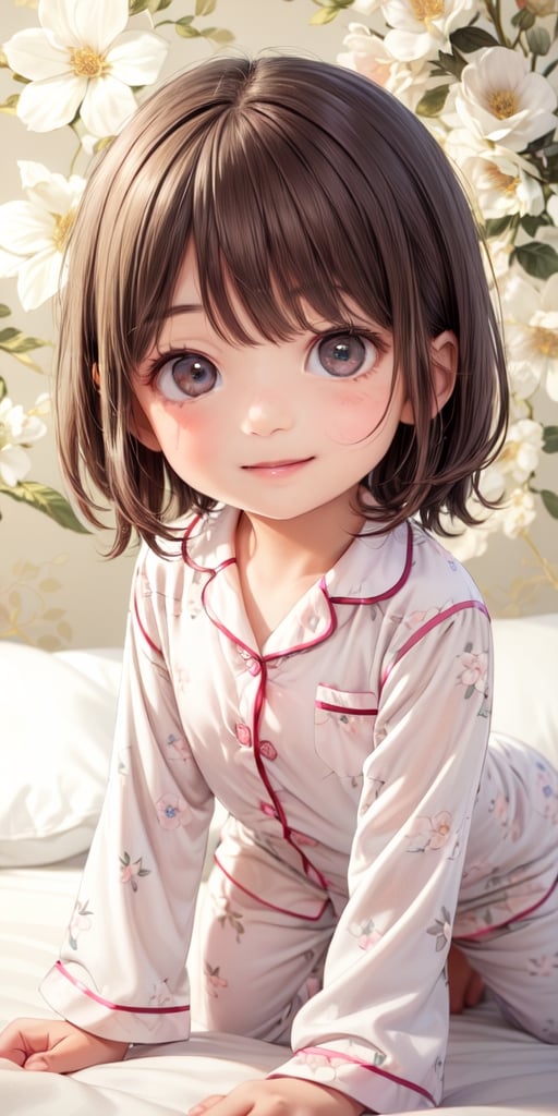 ((6year old girl:1.5)),1girl,whole body, beautiful shining body, bangs,((brown　hair:1.3)),high eyes,(aquamarine eyes),tall eyes, beautiful girl with fine details, Beautiful and delicate eyes, detailed face, Beautiful eyes,natural light,((realism: 1.2 )), dynamic far view shot,cinematic lighting, perfect composition, by sumic.mic, ultra detailed, official art, masterpiece, (best quality:1.3), reflections, extremely detailed cg unity 8k wallpaper, detailed background, masterpiece, best quality , (masterpiece), (best quality:1.4), (ultra highres:1.2), (hyperrealistic:1.4), (photorealistic:1.2), best quality, high quality, highres, detail enhancement,
((short hair)),((bright lighting:1.3)),((tareme,animated eyes, big eyes,droopy eyes:1.2)),((smile expression:1.4)),((pajamas:1.4)),perfect,hand,((Luxury hotel:1.4)),More Detail,((Floral background: 1.4)),Realism,((on the bed:1.4)),((random angle: 1.4))