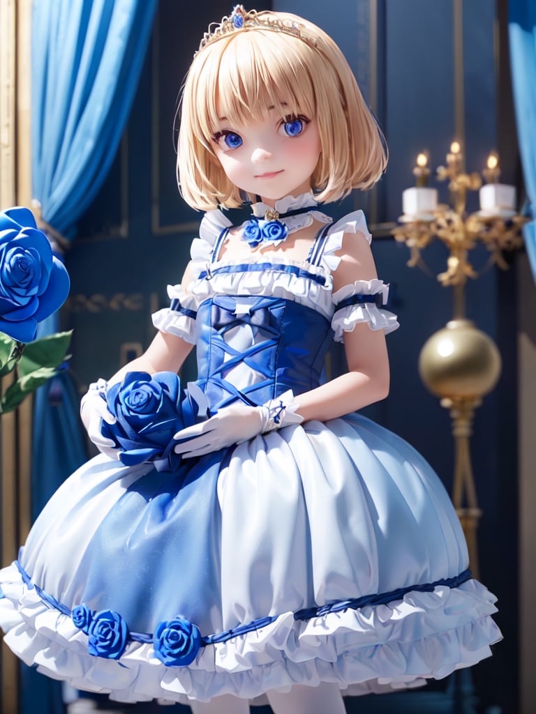 ((12year old girl:1.5)),1girl, loli, petite girl, Portrait, children's body, beautiful shining body, bangs,((blonde hair:1.3)),high eyes,(blue eyes), petite,tall eyes, beautiful girl with fine details, Beautiful and delicate eyes, detailed face, Beautiful eyes,((golden tiara with sapphire decoration)),((light blue gothic lolita ball gown:1.4)),((long skirt:1.7)),(( white neck ruffle, white frill)),((white tights)), blue shoes, ((white gloves with gold decoration)), natural light,((realism: 1.2 )), dynamic far view shot,cinematic lighting, perfect composition, by sumic.mic, ultra detailed, official art, masterpiece, (best quality:1.3), reflections, extremely detailed cg unity 8k wallpaper, detailed background, masterpiece, best quality , (masterpiece), (best quality:1.4), (ultra highres:1.2), (hyperrealistic:1.4), (photorealistic:1.2), best quality, high quality, highres, (short hair:1.4)),((tareme,animated eyes, big eyes,droopy eyes:1.2)),((cherry tree,cherry blossoms1.4)),((tsurime,v-shaped eyebrows,smirk:1.2)),,perfect,hand,animemia,outdoor,((Detailed rose, rose background, blue rose: 1.4))