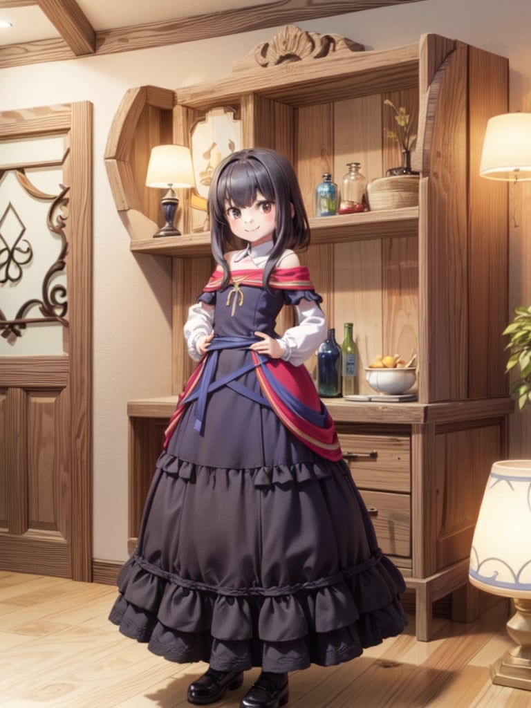 ((12 year old girl: 1.5)), black hair, short hair, complete anatomy, girl, random pose, random angle, room in a mountain hut, lamp, beautiful glass bottle with liquid, embroidery, ((long dress: 1.4)) , ethnic costume, beautiful girl, 1 girl, petite girl, highest quality, masterpiece, (reality: 1.2)), petite, bangs, (black eyes), bangs, beautiful girl with attention to detail, beautiful delicate eyes, beauty Girl, detailed face, beautiful eyes, shining beautiful body, 8K image, ((portrait: 1.2)), realism, Kaoru, ((tightened, V-shaped eyebrows, smile: 1.1 )), whole body, brown shoes