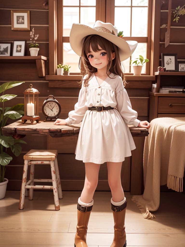 ((6 year old girl: 1.5)), 1 girl, loli, petite girl, complete anatomy, whole body, child's body, child, super cute, girl, little girl, beautiful girl, beautiful shining body, bangs, brown hair, back high eyes, (aquamarine eyes), droopy eyes, petite, tall eyes, beautiful girl with beautiful details, beautiful delicate eyes, detailed face, beautiful eyes, beautiful shining body, smile, happiness, full body angle, old days House in the American West,  Inside the Room,  Fireplace, ((western boots, Cowboy Hat: 1.5)),black belt,
((Realism: 1.2)), Dynamic long shots, Cinematic lighting, Perfect composition, Highly detailed, Official art, Masterpiece by Sumic.mic, (Top quality: 1.3), Reflections, Highly detailed CG Unity 8k Wallpaper, Detailed Background, Masterpiece , Best Quality, (Masterpiece), (Best Quality: 1.4), (Ultra High Resolution: 1.2), (Hyper Realistic: 1.4), (Photorealistic: 1.1), Best quality, high quality, high resolution, detail emphasis,((Log house room: 1.4)),masterpiece