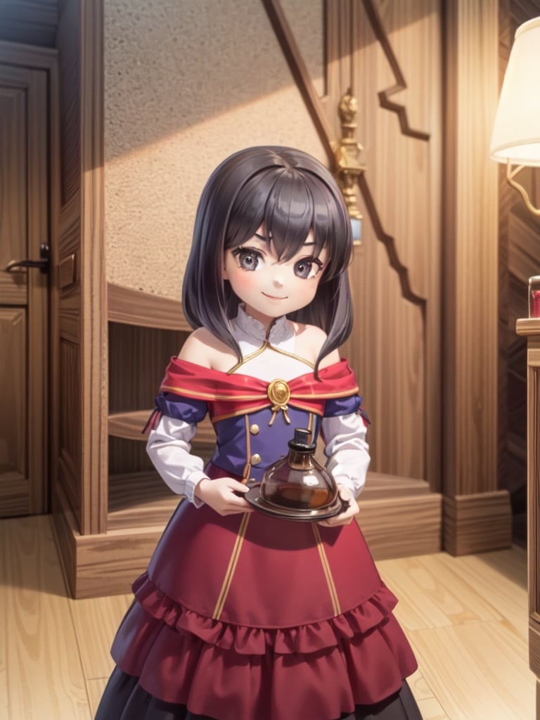 ((12 year old girl: 1.5)), black hair, short hair, perfect anatomy, girl, random pose, random angle, cabin room, lamp, beautiful glass bottle with red liquid on the desk, embroidery, ((Long dress: 1.4 )), National costume, Beautiful girl, Only daughter, Petite girl, Finest, Masterpiece, (Reality 1.2)), Petite, Bangs, (Dark eyes), Bangs, Beautiful girl with attention to detail , Beautiful girl with beautiful delicate eyes, detailed face, beautiful eyes, shining beautiful body, 8K image, ((portrait: 1.2)), Real, Kaoru, ((firm V-shaped eyebrows: 1.2)), (( Smile:1.1)), whole body, brown shoes