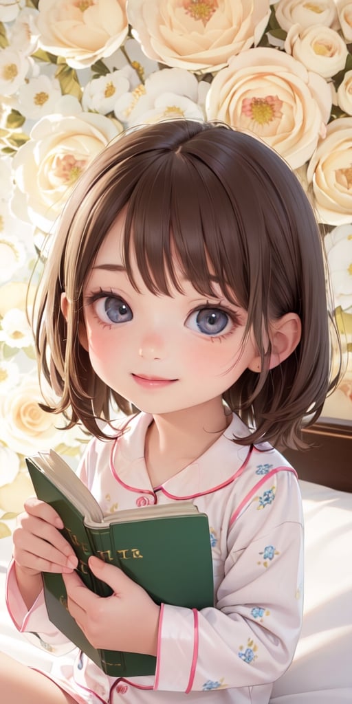 ((6year old girl:1.5)),1girl,whole body, beautiful shining body, bangs,((brown　hair:1.3)),high eyes,(aquamarine eyes),tall eyes, beautiful girl with fine details, Beautiful and delicate eyes, detailed face, Beautiful eyes,natural light,((realism: 1.2 )), dynamic far view shot,cinematic lighting, perfect composition, by sumic.mic, ultra detailed, official art, masterpiece, (best quality:1.3), reflections, extremely detailed cg unity 8k wallpaper, detailed background, masterpiece, best quality , (masterpiece), (best quality:1.4), (ultra highres:1.2), (hyperrealistic:1.4), (photorealistic:1.2), best quality, high quality, highres, detail enhancement,
((short hair)),((bright lighting:1.3)),((tareme,animated eyes, big eyes,droopy eyes:1.2)),((smile expression:1.4)),((pajamas:1.4)),perfect,hand,((Luxury hotel:1.4)),More Detail,((Floral background: 1.4)),Realism,((reading a book,on the bed:1.4)),((random angle: 1.4))