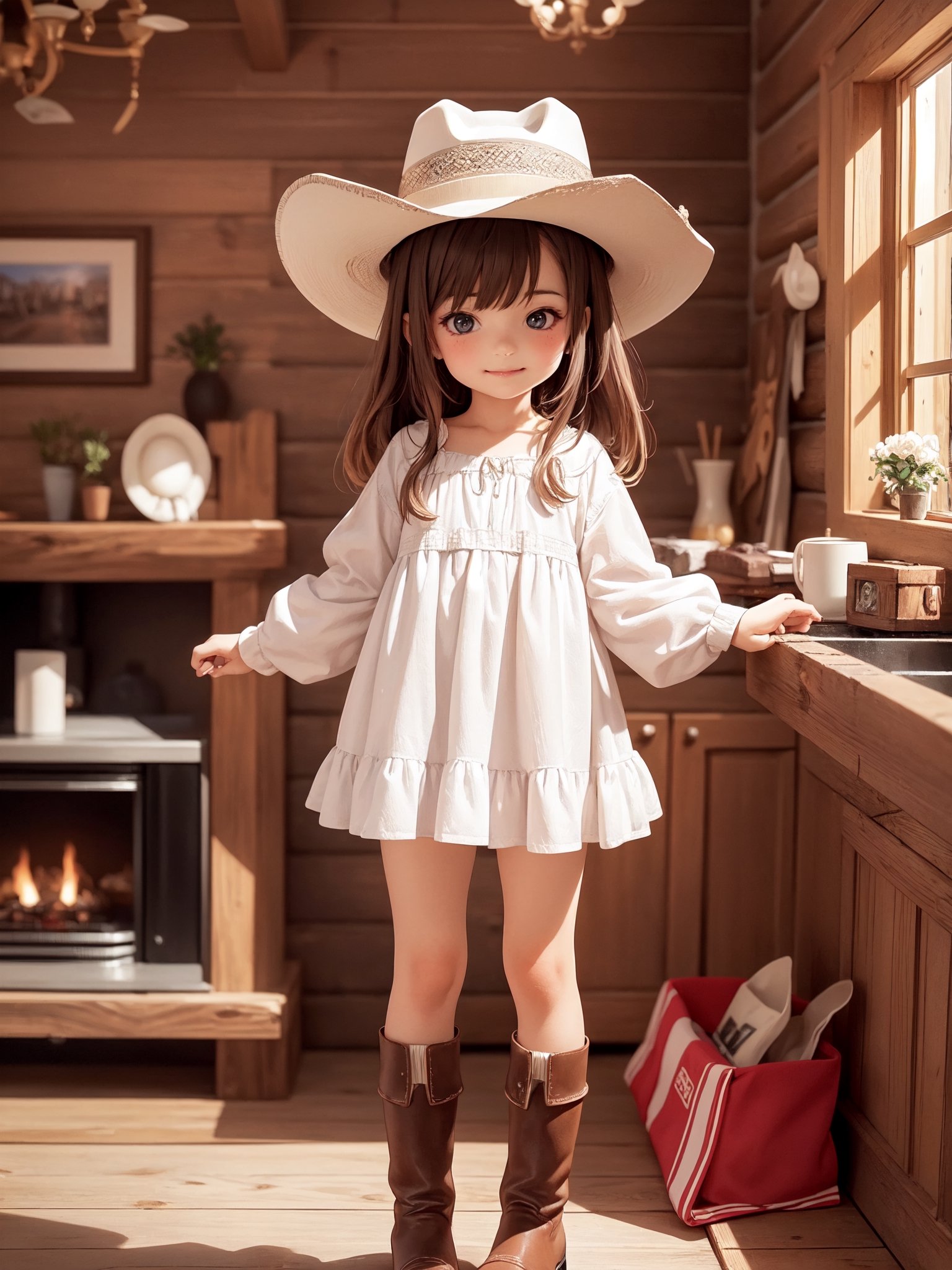 ((6 year old girl: 1.5)), 1 girl, loli, petite girl, complete anatomy, whole body, child's body, child, super cute, girl, little girl, beautiful girl, beautiful shining body, bangs, brown hair, back high eyes, (aquamarine eyes), droopy eyes, petite, tall eyes, beautiful girl with beautiful details, beautiful delicate eyes, detailed face, beautiful eyes, beautiful shining body, smile, happiness, full body angle, old days House in the American West,  Inside the Room,  Fireplace, ((western boots, Cowboy Hat: 1.5)),black belt,
((Realism: 1.2)), Dynamic long shots, Cinematic lighting, Perfect composition, Highly detailed, Official art, Masterpiece by Sumic.mic, (Top quality: 1.3), Reflections, Highly detailed CG Unity 8k Wallpaper, Detailed Background, Masterpiece , Best Quality, (Masterpiece), (Best Quality: 1.4), (Ultra High Resolution: 1.2), (Hyper Realistic: 1.4), (Photorealistic: 1.1), Best quality, high quality, high resolution, detail emphasis,((Log house room: 1.4)),masterpiece