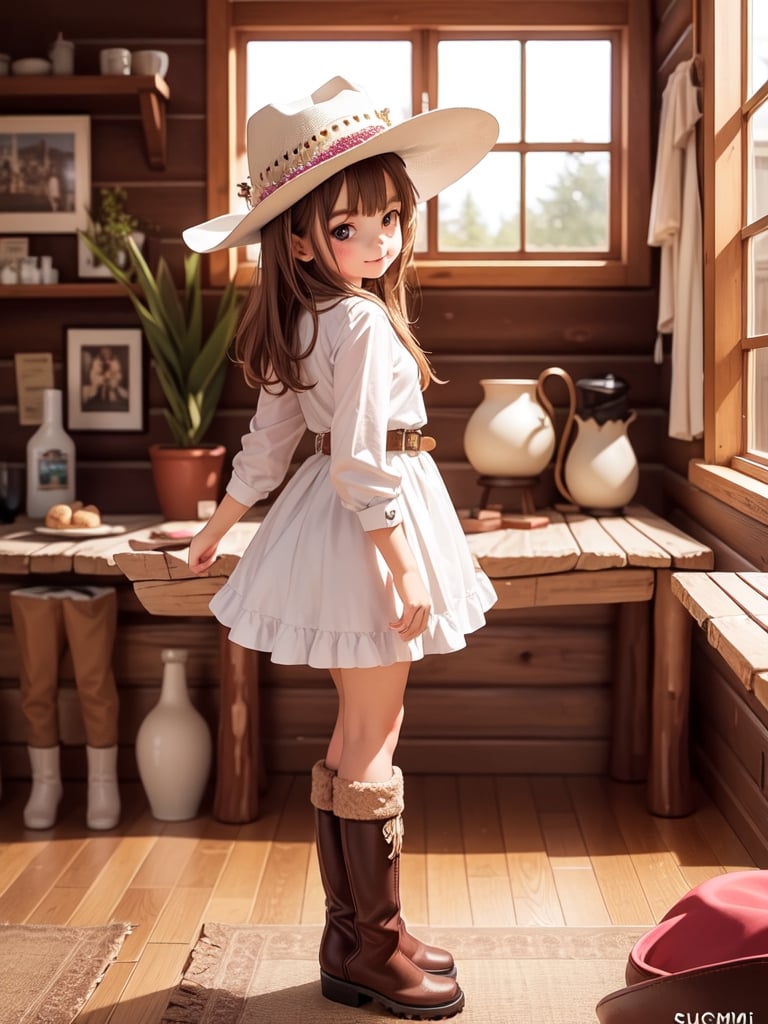 ((6 year old girl: 1.5)), 1 girl, loli, petite girl, complete anatomy, whole body, child's body, child, super cute, girl, little girl, beautiful girl, beautiful shining body, bangs, brown hair, back high eyes, (aquamarine eyes), droopy eyes, petite, tall eyes, beautiful girl with beautiful details, beautiful delicate eyes, detailed face, beautiful eyes, beautiful shining body, smile, happiness, full body angle, old days House in the American West,  Inside the Room,  Fireplace, ((western boots, Cowboy Hat: 1.5)),black belt,
((Realism: 1.2)), Dynamic long shots, Cinematic lighting, Perfect composition, Highly detailed, Official art, Masterpiece by Sumic.mic, (Top quality: 1.3), Reflections, Highly detailed CG Unity 8k Wallpaper, Detailed Background, Masterpiece , Best Quality, (Masterpiece), (Best Quality: 1.4), (Ultra High Resolution: 1.2), (Hyper Realistic: 1.4), (Photorealistic: 1.1), Best quality, high quality, high resolution, detail emphasis,((Log house room: 1.4)),masterpiece