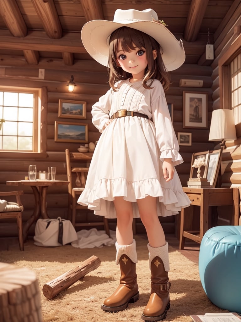 ((6 year old girl: 1.5)), 1 girl, loli, petite girl, complete anatomy, whole body, child's body, child, super cute, girl, little girl, beautiful girl, beautiful shining body, bangs, brown hair, back high eyes, (aquamarine eyes), droopy eyes, petite, tall eyes, beautiful girl with beautiful details, beautiful delicate eyes, detailed face, beautiful eyes, beautiful shining body, smile, happiness, full body angle, old days House in the American West,  Inside the Room,  Fireplace, ((western boots, Cowboy Hat: 1.5)),black belt,
((Realism: 1.2)), Dynamic long shots, Cinematic lighting, Perfect composition, Highly detailed, Official art, Masterpiece by Sumic.mic, (Top quality: 1.3), Reflections, Highly detailed CG Unity 8k Wallpaper, Detailed Background, Masterpiece , Best Quality, (Masterpiece), (Best Quality: 1.4), (Ultra High Resolution: 1.2), (Hyper Realistic: 1.4), (Photorealistic: 1.1), Best quality, high quality, high resolution, detail emphasis,((Log house room: 1.4)),masterpiece