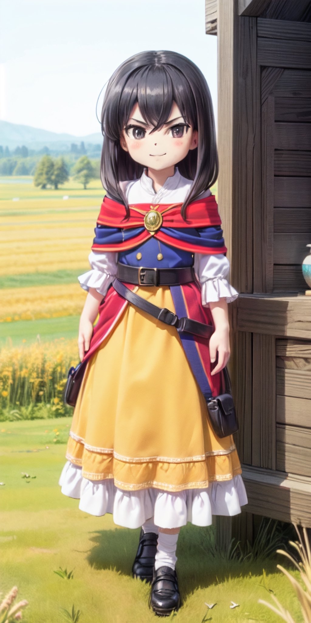 ((12year old girl:1.5)), black hair, short hair,complete anatomy, , little girl, random poses,random angles, wheat field, golden wheat field, embroidery,((long dress:1.4)),  folk costumes,  beautiful girl, 1 girl, petite girl, top quality, masterpiece,(realism: 1.2)), petite, bangs,(black eyes),bangs, beautiful girl with fine details, Beautiful and delicate eyes, Beautiful girl, detailed face, Beautiful eyes, beautiful shining body, 8K images, wind-blown wheat fields,((Portrait:1.2)),Pose walking through a wheat field,Realism, shining wheat field,kaoru,((tsurime,v-shaped eyebrows,smirk:1.1)),full body,brown shoes