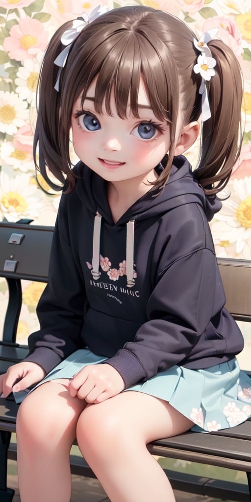 ((6year old girl:1.5)),1girl,whole body, beautiful shining body, bangs,((brown　hair:1.3)),high eyes,(aquamarine eyes),tall eyes, beautiful girl with fine details, Beautiful and delicate eyes, detailed face, Beautiful eyes,natural light,((realism: 1.2 )), dynamic far view shot,cinematic lighting, perfect composition, by sumic.mic, ultra detailed, official art, masterpiece, (best quality:1.3), reflections, extremely detailed cg unity 8k wallpaper, detailed background, masterpiece, best quality , (masterpiece), (best quality:1.4), (ultra highres:1.2), (hyperrealistic:1.4), (photorealistic:1.2), best quality, high quality, highres, detail enhancement,
((twin tails hair)),((bright lighting:1.3)),((tareme,animated eyes, big eyes,droopy eyes:1.2)),((smile expression:1.4)),((hoodie,skirt:1.4)),perfect,hand,More Detail,((Floral background: 1.4)),Realism,((on park bench:1.4)),((random angle: 1.4)),