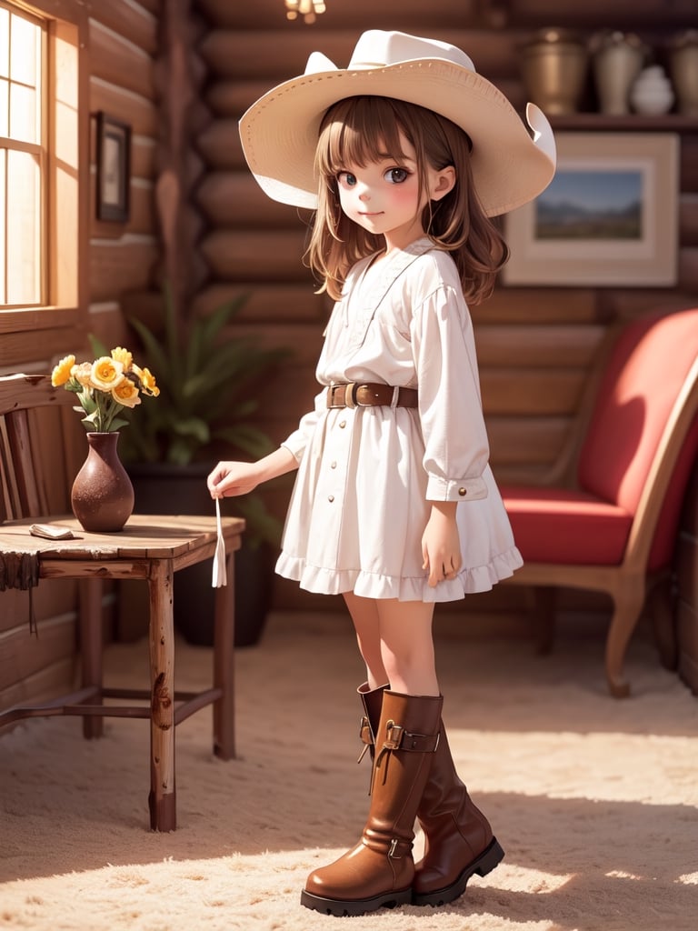 ((6 year old girl: 1.5)), 1 girl, loli, petite girl, complete anatomy, whole body, child's body, child, super cute, girl, little girl, beautiful girl, beautiful shining body, bangs, brown hair, back high eyes, (aquamarine eyes), droopy eyes, petite, tall eyes, beautiful girl with beautiful details, beautiful delicate eyes, detailed face, beautiful eyes, beautiful shining body, smile, happiness, full body angle, old days House in the American West,  Inside the Room,  Fireplace, ((western boots, Cowboy Hat: 1.5)),black belt,
((Realism: 1.2)), Dynamic long shots, Cinematic lighting, Perfect composition, Highly detailed, Official art, Masterpiece by Sumic.mic, (Top quality: 1.3), Reflections, Highly detailed CG Unity 8k Wallpaper, Detailed Background, Masterpiece , Best Quality, (Masterpiece), (Best Quality: 1.4), (Ultra High Resolution: 1.2), (Hyper Realistic: 1.4), (Photorealistic: 1.1), Best quality, high quality, high resolution, detail emphasis,((Log house room: 1.4)),masterpiece