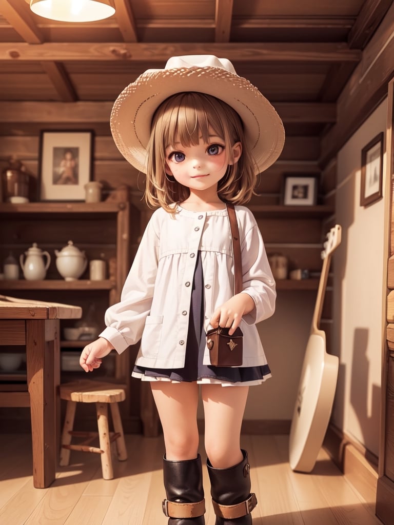 ((6 year old girl: 1.5)), 1 girl, loli, petite girl, complete anatomy, whole body, child's body, child, super cute, girl, little girl, beautiful girl, beautiful shining body, bangs, brown hair, back high eyes, (aquamarine eyes), droopy eyes, petite, tall eyes, beautiful girl with beautiful details, beautiful delicate eyes, detailed face, beautiful eyes, beautiful shining body, smile, happiness, full body angle, old days House in the American West,  Inside the Room,  Fireplace, ((western boots, Cowboy Hat: 1.5)),black belt,
((Realism: 1.2)), Dynamic long shots, Cinematic lighting, Perfect composition, Highly detailed, Official art, Masterpiece by Sumic.mic, (Top quality: 1.3), Reflections, Highly detailed CG Unity 8k Wallpaper, Detailed Background, Masterpiece , Best Quality, (Masterpiece), (Best Quality: 1.4), (Ultra High Resolution: 1.2), (Hyper Realistic: 1.4), (Photorealistic: 1.1), Best quality, high quality, high resolution, detail emphasis,((Log house room: 1.4)),masterpiece