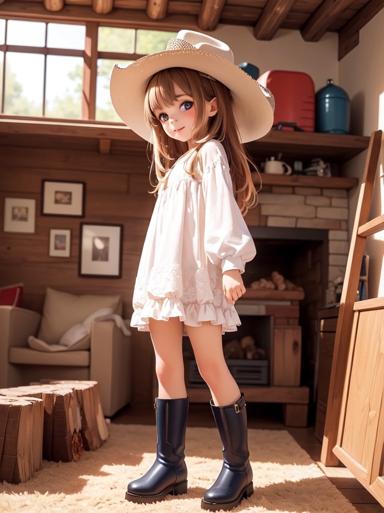 ((6 year old girl: 1.5)), 1 girl, loli, petite girl, complete anatomy, whole body, child's body, child, super cute, girl, little girl, beautiful girl, beautiful shining body, bangs, brown hair, back high eyes, (aquamarine eyes), droopy eyes, petite, tall eyes, beautiful girl with beautiful details, beautiful delicate eyes, detailed face, beautiful eyes, beautiful shining body, smile, happiness, full body angle, old days House in the American West,  Inside the Room,  Fireplace, ((western boots, Cowboy Hat: 1.5)),black belt,
((Realism: 1.2)), Dynamic long shots, Cinematic lighting, Perfect composition, Highly detailed, Official art, Masterpiece by Sumic.mic, (Top quality: 1.3), Reflections, Highly detailed CG Unity 8k Wallpaper, Detailed Background, Masterpiece , Best Quality, (Masterpiece), (Best Quality: 1.4), (Ultra High Resolution: 1.2), (Hyper Realistic: 1.4), (Photorealistic: 1.1), Best quality, high quality, high resolution, detail emphasis,((Log house room: 1.4)),masterpiece