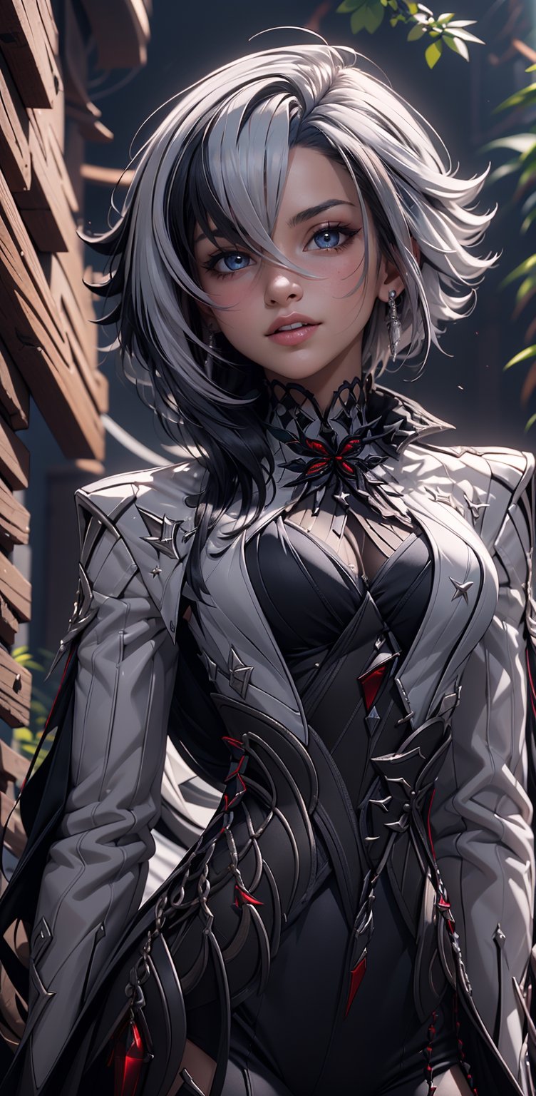 8k, hd, masterpiece, 1girl, solo, white hair, black hair, multicolored hair, x-shaped pupils, black eyes, black hair, solo, short hair, evil smile,  from below, More detail   