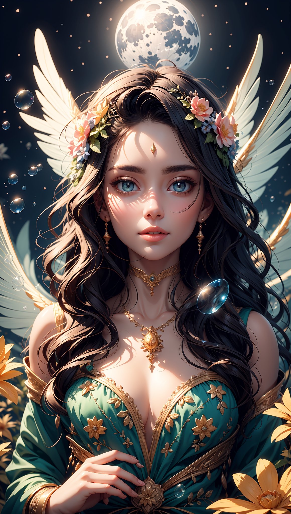 (high quality:1.2), (best quality:1.2), (masterpiece:1.2), official art, official wallpaper, surreal, beautifulgoddess, (woman:1.1), (long wavy hair:1.1), (flower crown:1.1), (celestial:1.2), (divine:1.2), (mystical creatures:1.1), (floating islands:1.1), (detailed landscape:1.1), (magic in the air:1.1), (stardust:1.1), night sky, (whimsical atmosphere:1.1), (dreamlike world:1.1), (bubbles:1.1), (luna moths:1.1), (moonlight:1.1), enchanted forest, (wisdom:1.1), (powerful energy:1.1), (guardian angels:1.1), (creation:1.2), (peaceful:1.1), vibrant colors, HDR, (detailed:1.05), (extremely detailed:1.06), sharp focus, (intricate:1.03), (extremely intricate:1.04), (epic scenery:1.09), vibrant colors, (beautiful scenery:1.08), (detailed scenery:1.08), (intricate scenery:1.07), (wonderful scenery:1.05), beautiful face, (perfect eyes:0.8), (perfect skin:0.8), (detailed face:0.8), (detailed eyes:0.8), (detailed hair:0.8), (detailed lips:0.8),Color Booster,perfect light,Sexy Women 