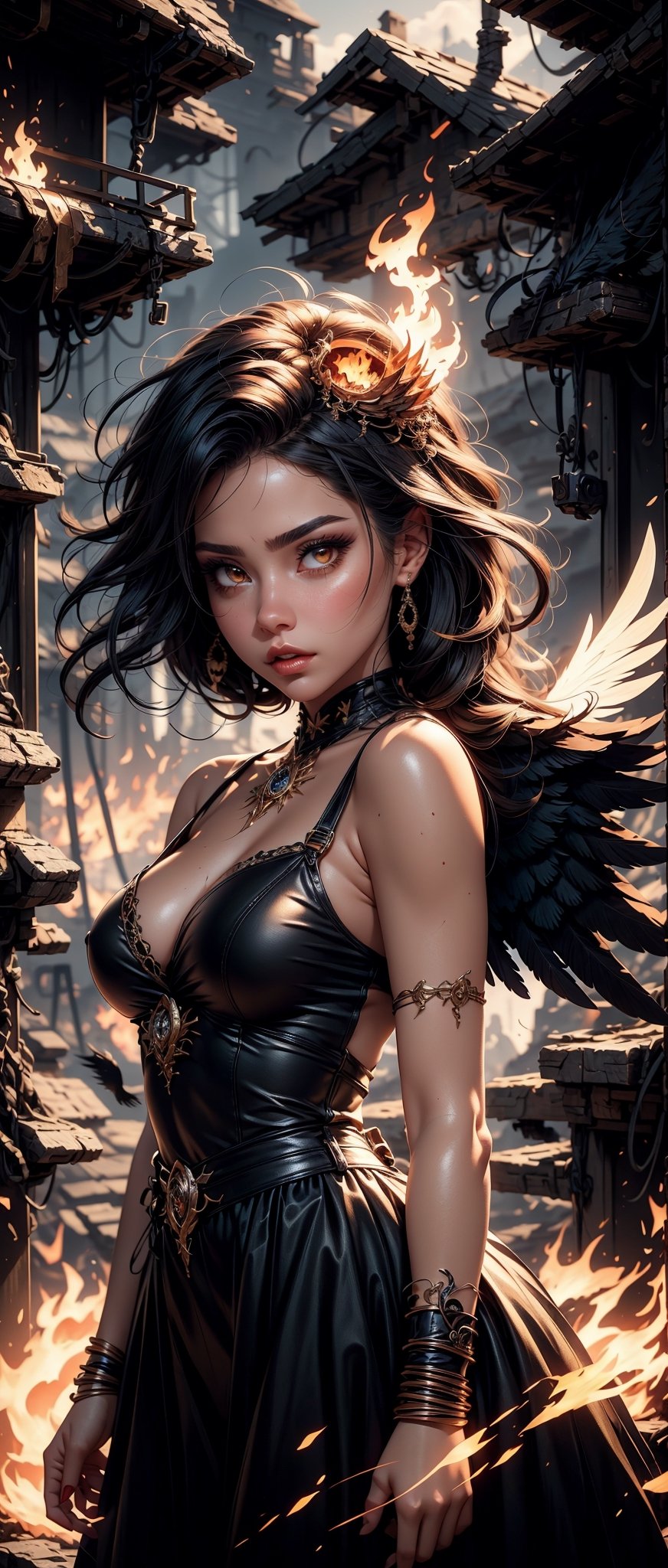 (1girl), (fantasy style:1.2), (high quality:1.3), (best quality:1.3), (masterpiece:1.3), official art, official wallpaper, 4k textures, epic(1.5), (phoenix woman), blackphoenix, black hair, (detailedfeathers), (fierywings), aggressivepose, midflight, (detailedplumage), glowingeffects, darkbackground, fire, flames, dramaticlighting, fireandicecontrast, (detailed:1.05), (extremely detailed:1.06), sharp focus, (intricate:1.03), (extremely intricate:1.04), (epic scenery:1.09), soothing tones, hdr, (beautiful scenery:1.08), (detailed scenery:1.08), (intricate scenery:1.07), (wonderful scenery:1.05), (beautiful face:1.1), (perfect eyes:0.8), (perfect skin:0.8), (detailed face:0.8), (detailed eyes:0.8), (detailed hair:0.9), (detailed lips:0.8),Sexy Women ,dress