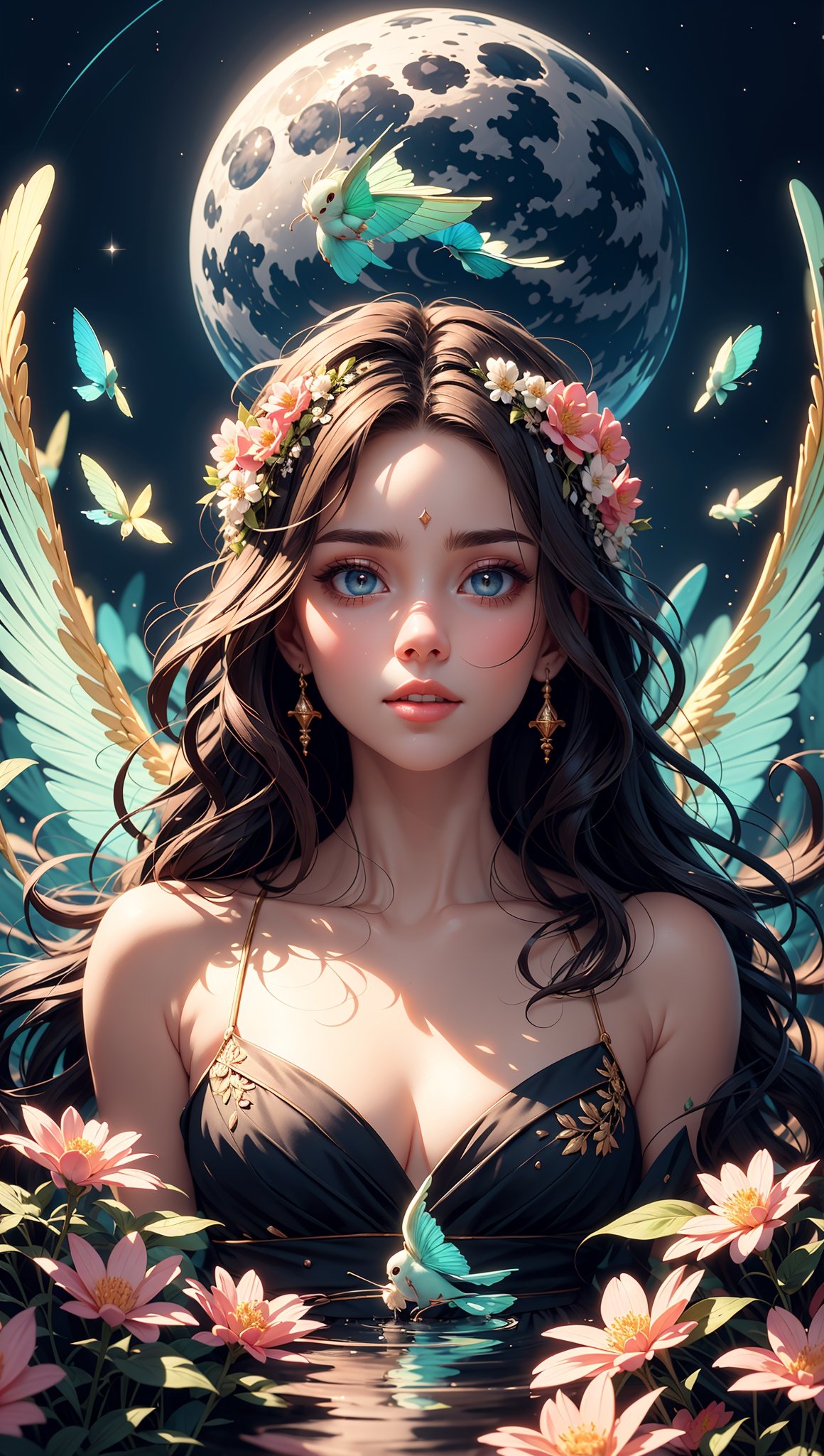 (high quality:1.2), (best quality:1.2), (masterpiece:1.2), official art, official wallpaper, surreal, beautifulgoddess, (woman:1.1), (long wavy hair:1.1), (flower crown:1.1), (celestial:1.2), (divine:1.2), (mystical creatures:1.1), (floating islands:1.1), (detailed landscape:1.1), (magic in the air:1.1), (stardust:1.1), night sky, (whimsical atmosphere:1.1), (dreamlike world:1.1), (bubbles:1.1), (luna moths:1.1), (moonlight:1.1), enchanted forest, (wisdom:1.1), (powerful energy:1.1), (guardian angels:1.1), (creation:1.2), (peaceful:1.1), vibrant colors, HDR, (detailed:1.05), (extremely detailed:1.06), sharp focus, (intricate:1.03), (extremely intricate:1.04), (epic scenery:1.09), vibrant colors, (beautiful scenery:1.08), (detailed scenery:1.08), (intricate scenery:1.07), (wonderful scenery:1.05), beautiful face, (perfect eyes:0.8), (perfect skin:0.8), (detailed face:0.8), (detailed eyes:0.8), (detailed hair:0.8), (detailed lips:0.8),Color Booster,perfect light