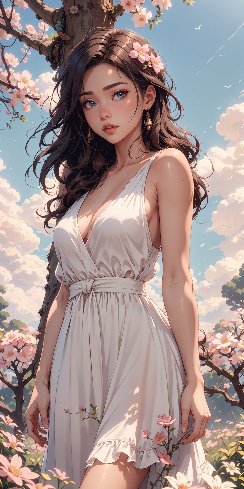 a woman in a white dress standing in front of a tree with pink flowers on it and a blue sky,Chizuko Yoshida,rossdraws global illumination,a detailed, ,Sexy Women ,More Detail
