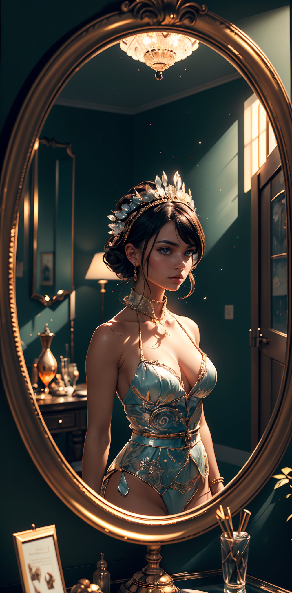 (ultra realistic,32k, masterpiece:1.2),(high detailed skin:1.1),( high quality:1.1), (masterpiece, best quality), best quality, masterpiece, photorealistic, ultrarealistic, professional photograph shot on Canon EOS R6, More detail,)
(masterpiece:1.2), (A woman with a clockwork heart wanders through a labyrinth of mirrors, her reflection multiplying into an endless array of possibilities, she searches for the true version of herself, maze of shimmering glass, Style is Surreal and introspective with a focus on the search for identity and meaning, Lighting is Low-key and atmospheric with the mirrors reflecting fragments of light and shadow, wearing unique Avant-garde masterpiece attire and headdress:1.1), (art by Gainax:1.4), (hyperdetailed:1.1), (intricate details:1.0), (Refined details:1.1), (best quality:1.1), (high resolution:1.2)