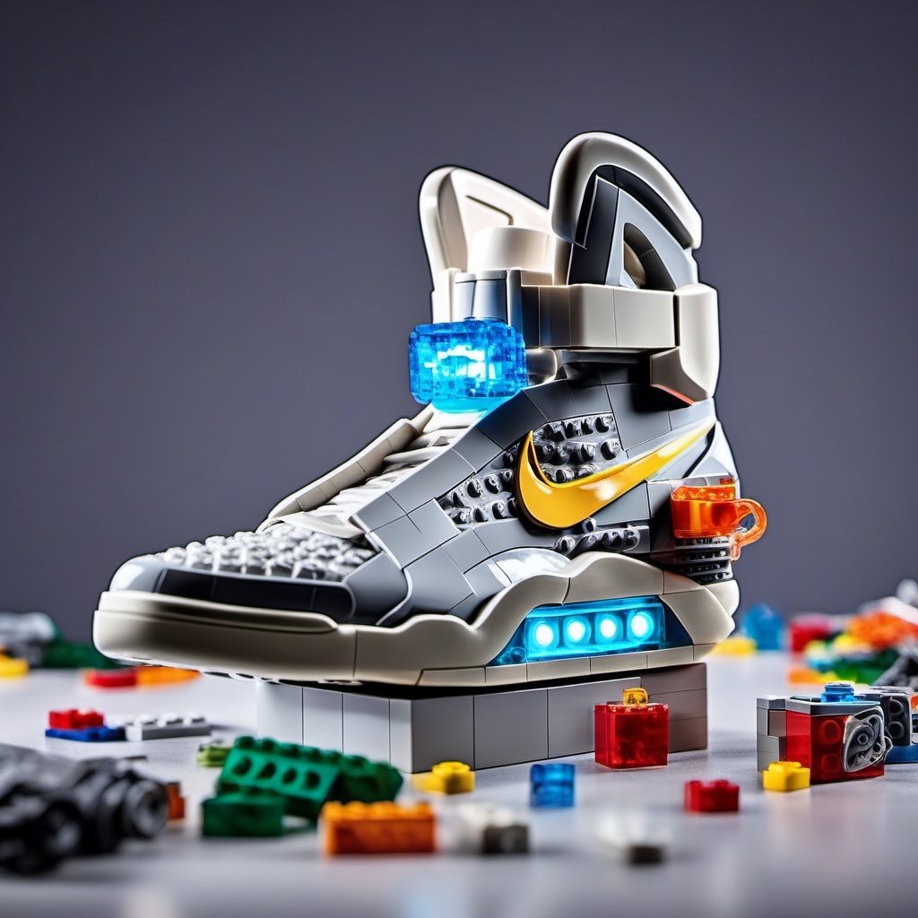 absolute real nike air mags back to the future themed lego, photo studio, studio lights legos scattered around in background 