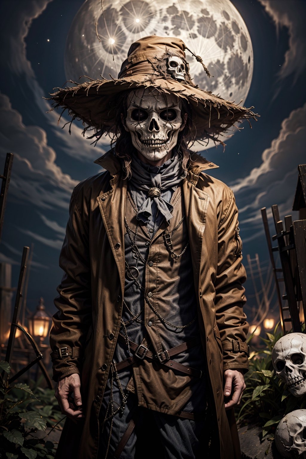 hat, moon, scary scarecrow, full moon, coat, skull, jacket, night, trench coat