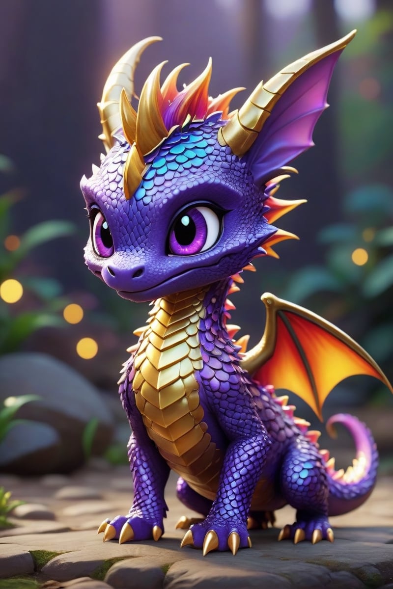 enigma, octane rendering, unreal engine, cinematic, hyperrealism, 16k, depth of field, bokeh.iridescent accents.vibrant.Dragon cub made like the video game character Spyro, with dragon scales with a shiny purple and gold outline, horns golden and two red wings, it has four purple legs, a charismatic personality, a cunning look, the dragon has the tip of its tail in the shape of a golden arrow. In color, each scale shines with iridescent hues, transforming the ordinary into a fascinating spectacle.Disney pixar style