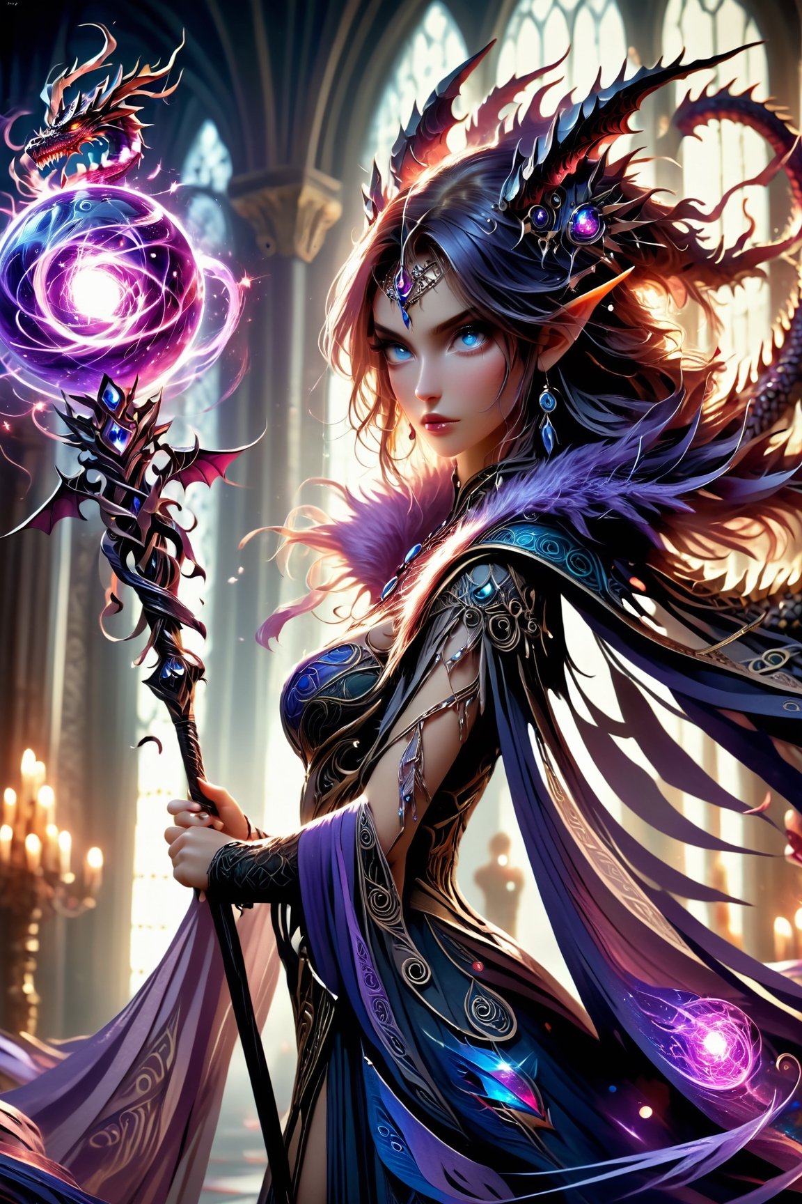 (masterpiece), Slender woman holds in her hand a dragon staff with natural lilac ostrich feathers, (highlights the figure and style of the dragon sorceress), the woman has an appearance of a powerful dragon sorceress, The image has a geometric art style, with simple shapes and solid colors, which give it an elegant and sober look, real and detailed, highlights the color of your eyes, the image must be high impact, the background must be dark and contrast with the figure of the girl, The image must have a high detail resolution of 8k, (full body), (artistic pose of a woman),Leonardo style,A dancing girl,Face makeup,DonMM4g1cXL,darkart,orbstaff,Dragon theme,gemsdragon