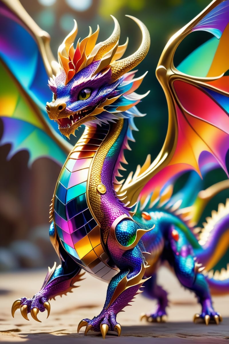 enigma, octane rendering, unreal engine, cinematic, hyperrealism, 16k, depth of field, bokeh.iridescent accents.vibrant.Dragon cub made like the video game character Spyro, with dragon scales with a shiny purple and gold outline, horns golden and two red wings, it has four purple legs, a charismatic personality, a cunning look, the dragon has the tip of its tail in the shape of a golden arrow. In color, each scale shines with iridescent hues, transforming the ordinary into a fascinating spectacle,Disney pixar style,gemsdragon,echmrdrgn
