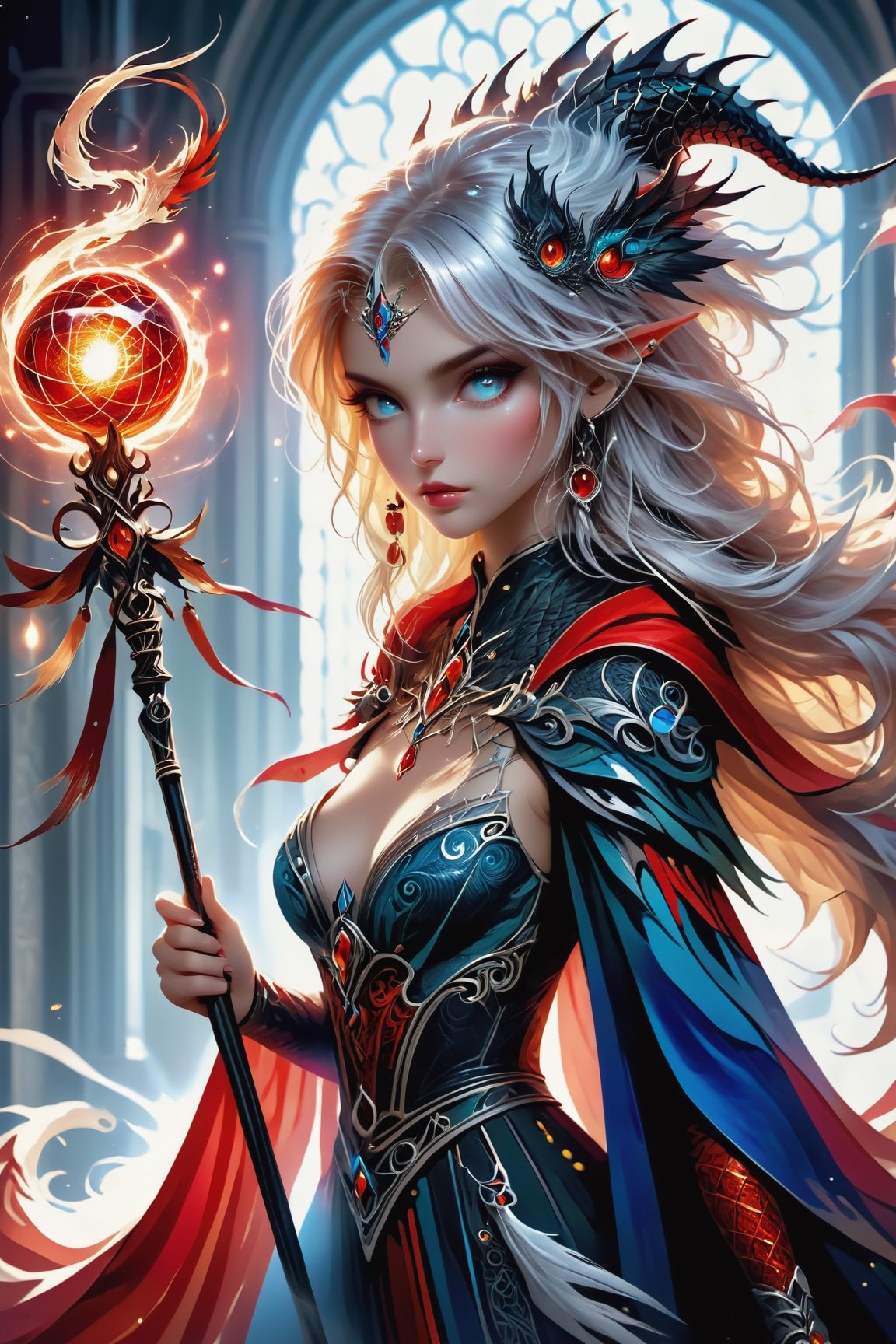 (masterpiece), Slender woman holds in her hand a dragon staff with natural white ostrich feathers, (highlights the figure and style of the dragon sorceress), the woman has an appearance of a powerful dragon sorceress, The image has a geometric art style, with simple shapes and solid colors, which give it an elegant and sober look, real and detailed, highlights the color of your eyes, the image must be high impact, the background must be dark and contrast with the figure of the girl, The image must have a high detail resolution of 8k, (full body), (artistic pose of a woman),Leonardo style,A dancing girl,Face makeup,DonMM4g1cXL,darkart,orbstaff,Dragon theme,gemsdragon