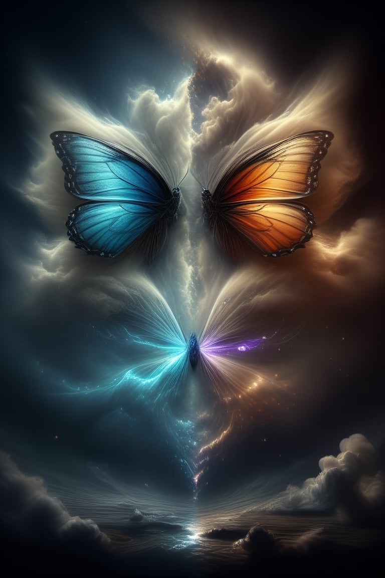 An image of a butterfly with wings formed by two human faces looking at each other, one light and one dark, representing the duality, image with smoke effect and beauty,more detail XL,<lora:659095807385103906:1.0>