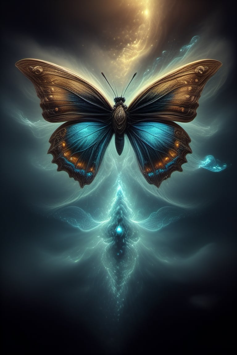 An image of a butterfly with wings formed by two human faces looking at each other, one light and one dark, representing the duality, image with smoke effect and beauty,more detail XL,steampunk style,<lora:659095807385103906:1.0>