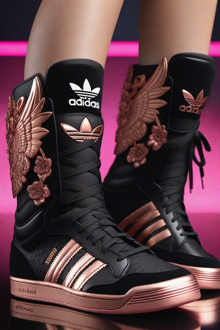 a stunning interpretation of Adidas bloomfield shoe sneaker tribute blackpink girls band, black color and rose gold carved Suede, advertisement, highly detailed and intricate, hypermaximalist, ornate, luxury, cinematic, cgsociety, Miki Asai Macro photography, close-up, hyper detailed, trending on artstation, sharp focus, studio photo, intricate details, highly detailed, by greg rutkowski