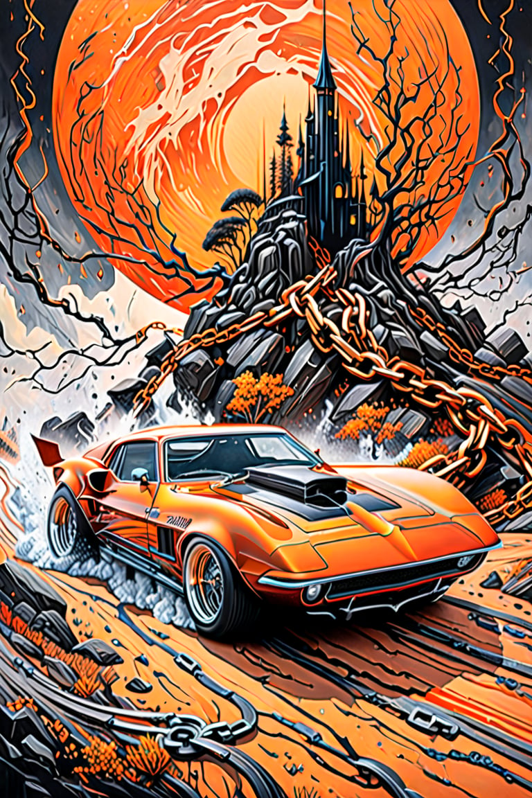 Ultra wide photorealistic medieval image exciting fusion between hot rod old school and sports car, custom design, full car. Dark sun, giant fully cybernetic spaceship floating in background shot, tree roots, thorny branches, iron chains, rocky path, black and orange black, Ink Flow - 8k photorealistic masterpiece - by Aaron Horkey and Jeremy Mann - close-up. liquid gouache: Jean Baptiste Mongue: calligraphy: acrylic: color watercolor, cinematic lighting, maximalist photo illustration: marton Bobzert: 8k concept art, intricately detailed realism, complex, elegant, vast, fantastic and psychedelic, dripping colors,