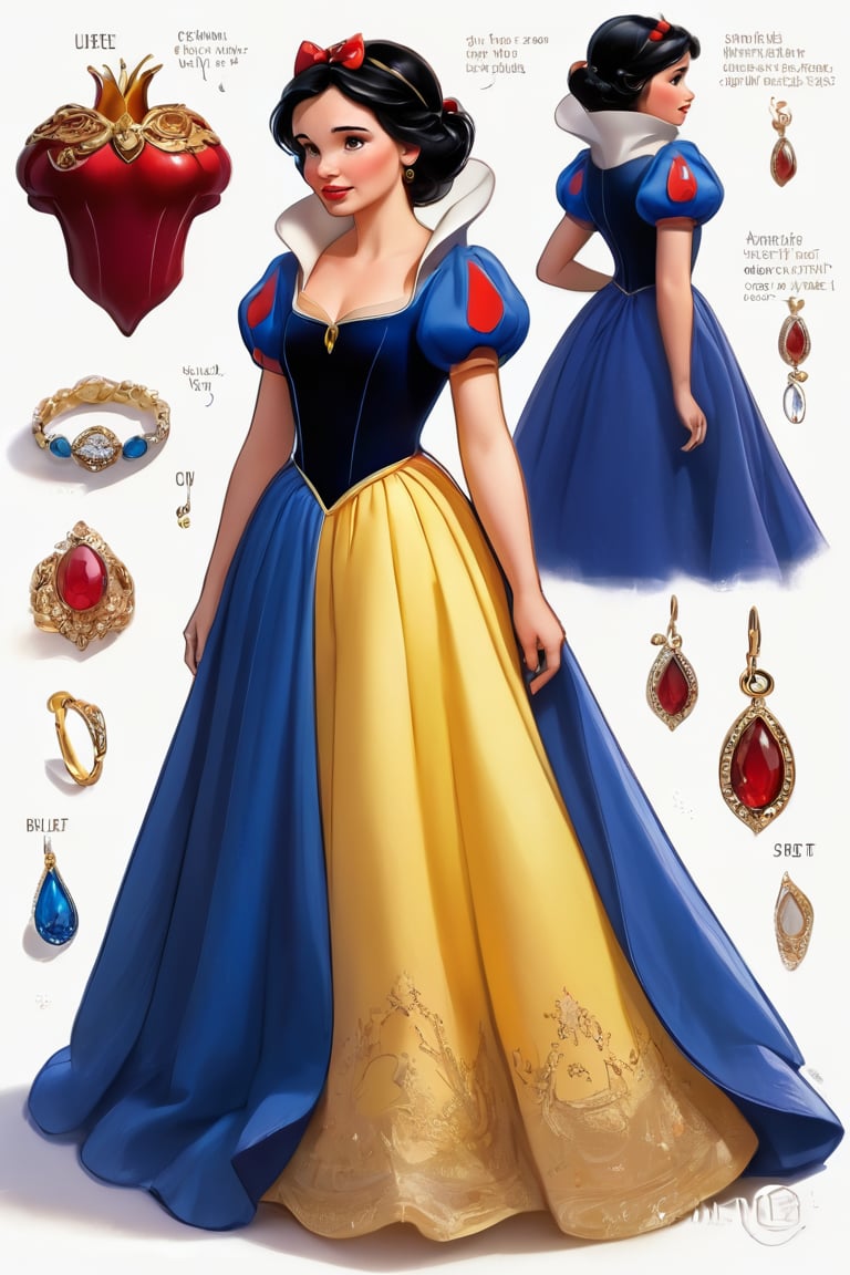 1girl, solo, short hair, snow white princess, ranfom color attire, head to toe, full body, simple background, black hair, beautiful hair, white background, jewelry, ponytail, Disney princess dress, earrings, midriff, necklace, reference sheet, ,SnowWhiteXLP