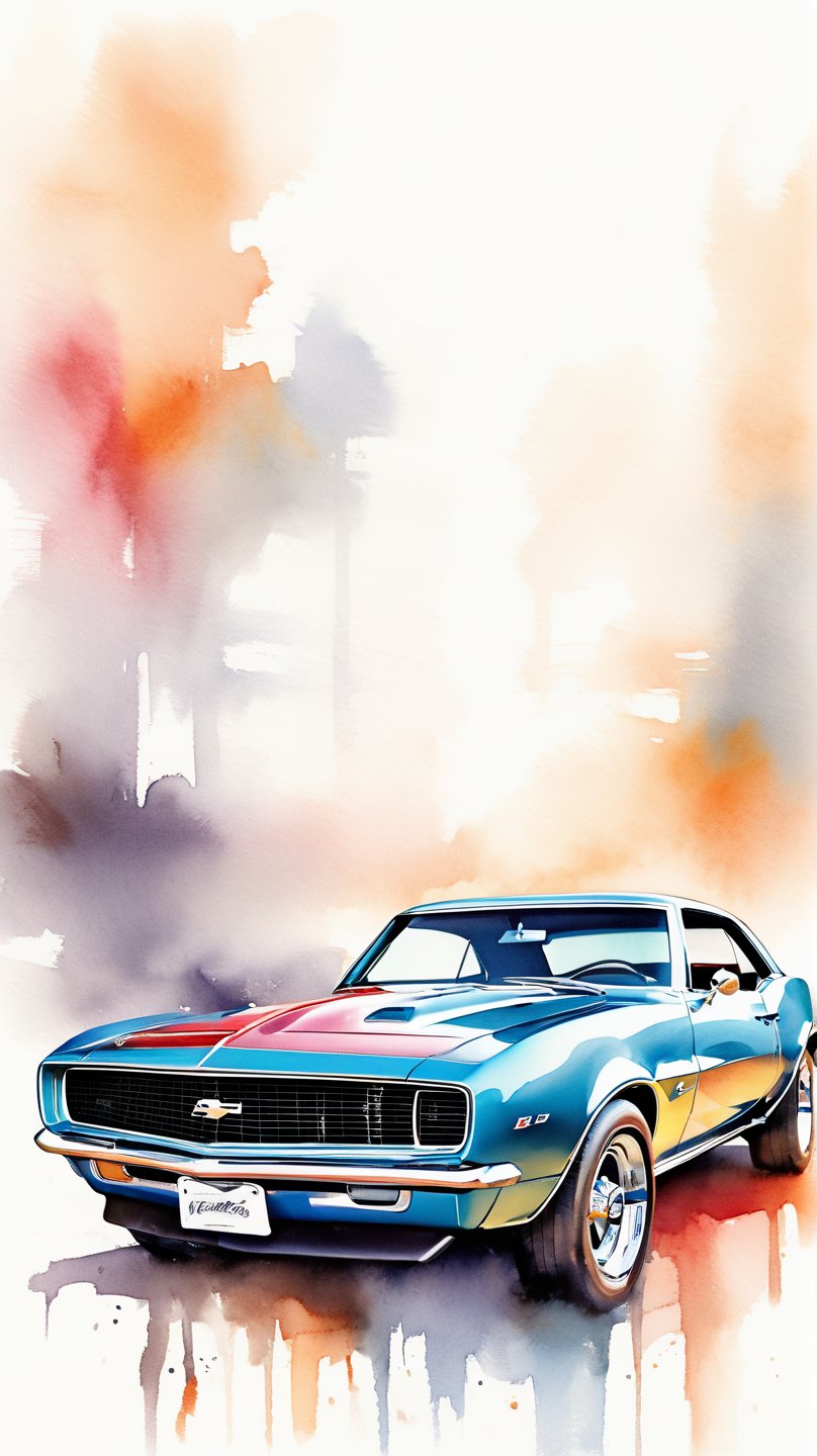 Vividly rendered in a soft focus watercolor style, a 1967 Chevrolet Camaro SS sits prominently on a crisp white background, its sleek design and bold color scheme standing out against the subtle wash of colors. The Camaro's lines are softened by the gentle brushstrokes, yet its muscle car essence remains intact.