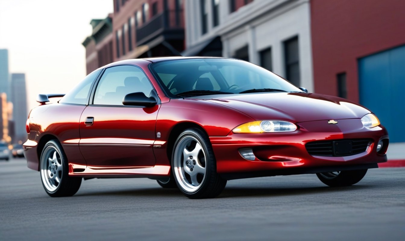 ((Ultra-realistic)) photo of 1997 CHEVROLET CAVALIER,dark irony RED with blue undertone color,shiny spinning wheels,glossy black alloy rims with silver edge,bright turned on head lights,(Ultra-Detailed Super-Realistic city street backdrop:1.3),depth of perspective, vehicle focus,(wide shot)
BREAK
sharp focus,high contrast,studio photo,trending on artstation,rule of thirds,perfect composition,(Hyper-detailed, masterpiece, HDR,16K,shiny,glossy,reflective:1.3),(by Chris Bangle),H effect,photo_b00ster,real_booster,more detail XL