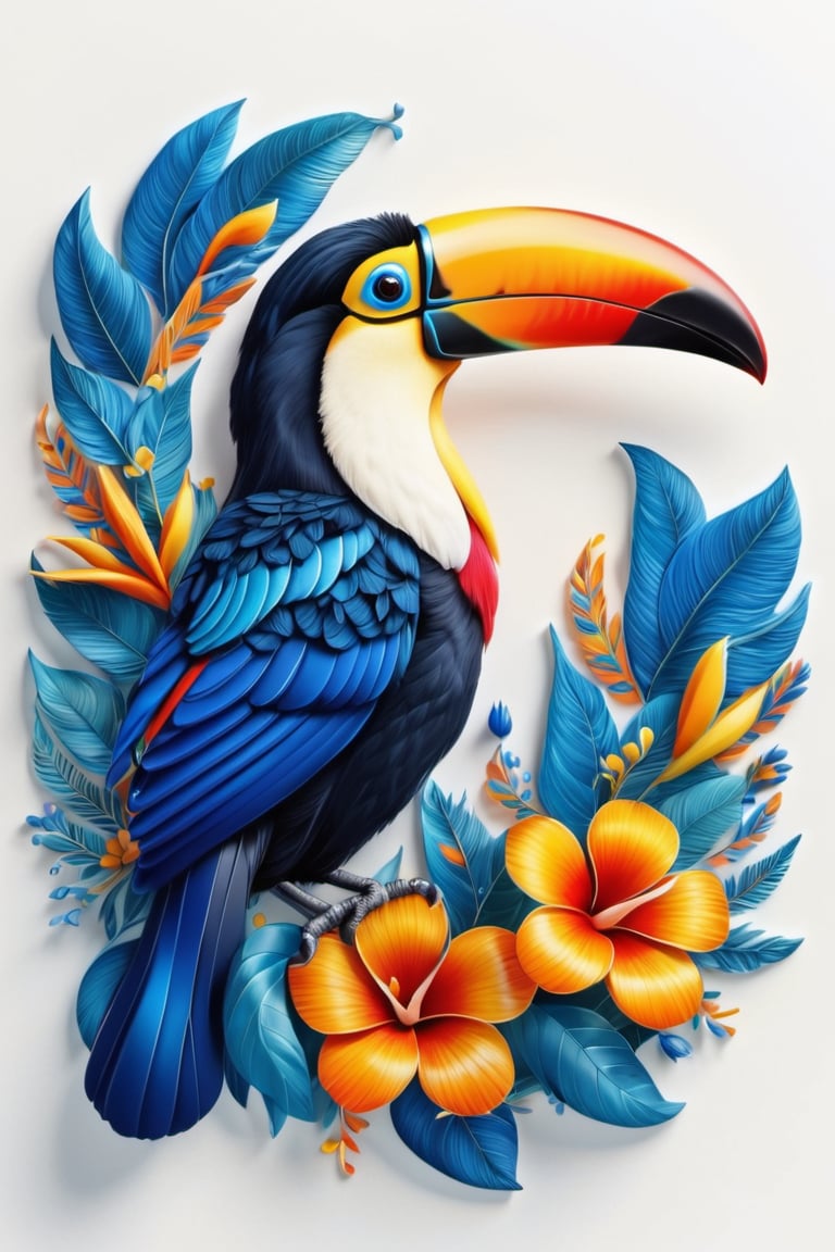 Draw a picture of an Toucan ( beautiful blue toucan )  and blend it with the perfect balance between art and nature, combining elements such as flowers, leaves, and other natural motifs to create unique and intricate designs with symmetry, perfect_symmetry, Leonardo style, ghost style, line_art, 3D style, white background