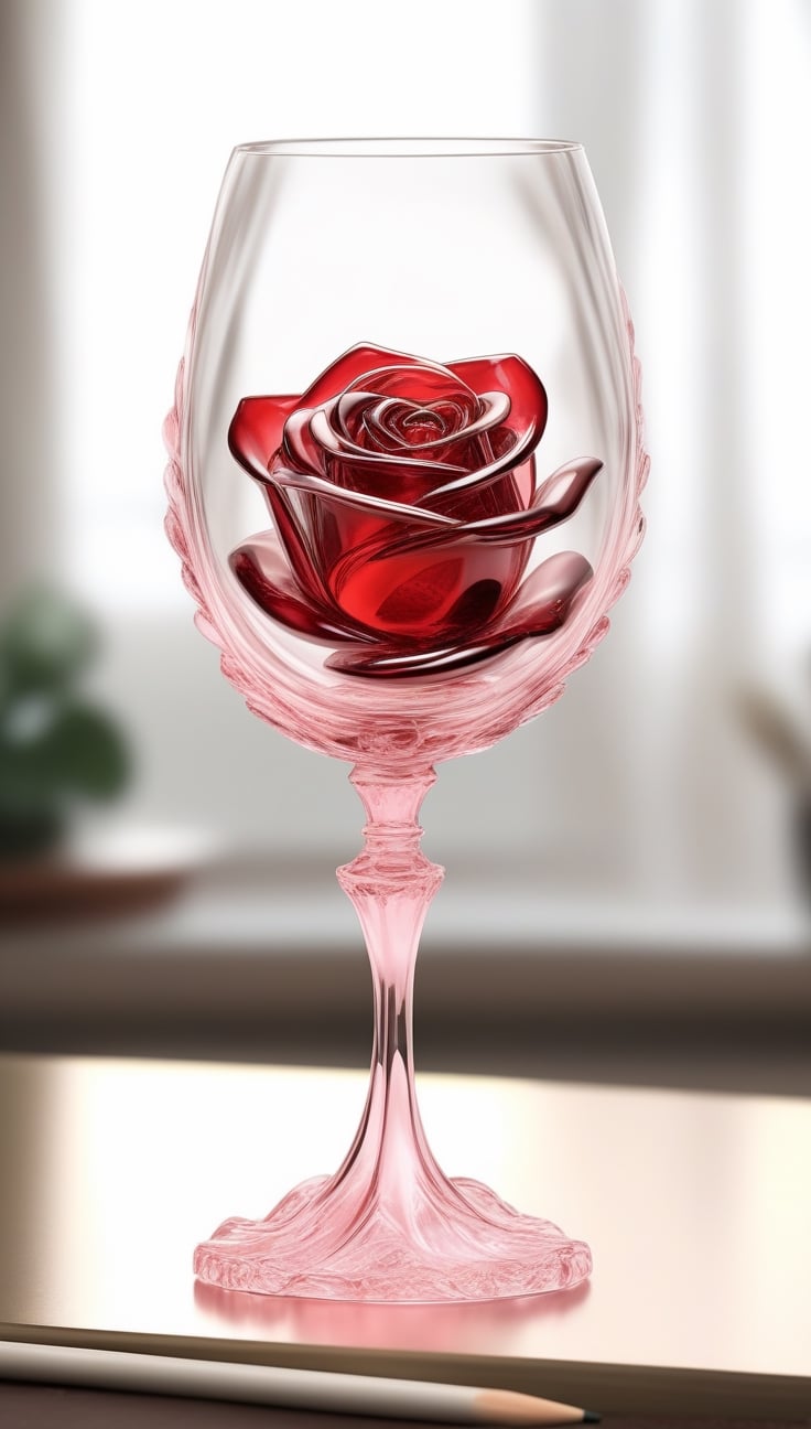 Generate an image of a sophisticated glass art rendition featuring  red rose . The intricately crafted figurine stands elegantly on a desk, capturing the essence of high-end craftsmanship.Clear Glass Skin, (pink rose -themed ), realistic glass style , Valentine day