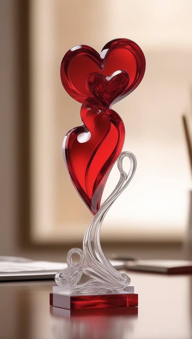 Generate an image of a sophisticated glass art rendition featuring  red heart . The intricately crafted figurine stands elegantly on a desk, capturing the essence of high-end craftsmanship.Clear Glass Skin, red heart -themed , realistic glass style , Valentine day