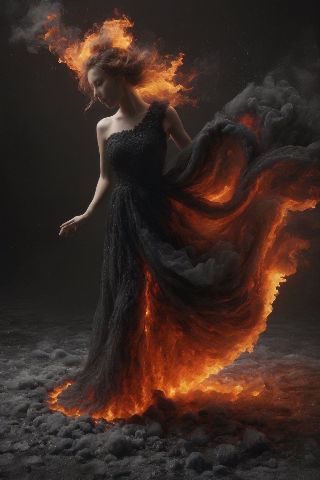 Beautiful female, made with black on white smoky layers, floating embers,  surrealism,faize