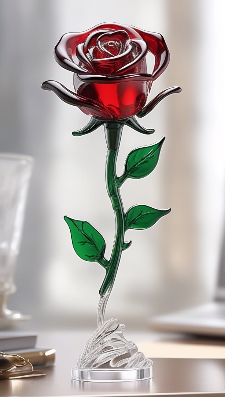 Generate an image of a sophisticated glass art rendition featuring  red rose . The intricately crafted figurine stands elegantly on a desk, capturing the essence of high-end craftsmanship.Clear Glass Skin, red rose -themed , realistic glass style , Valentine day