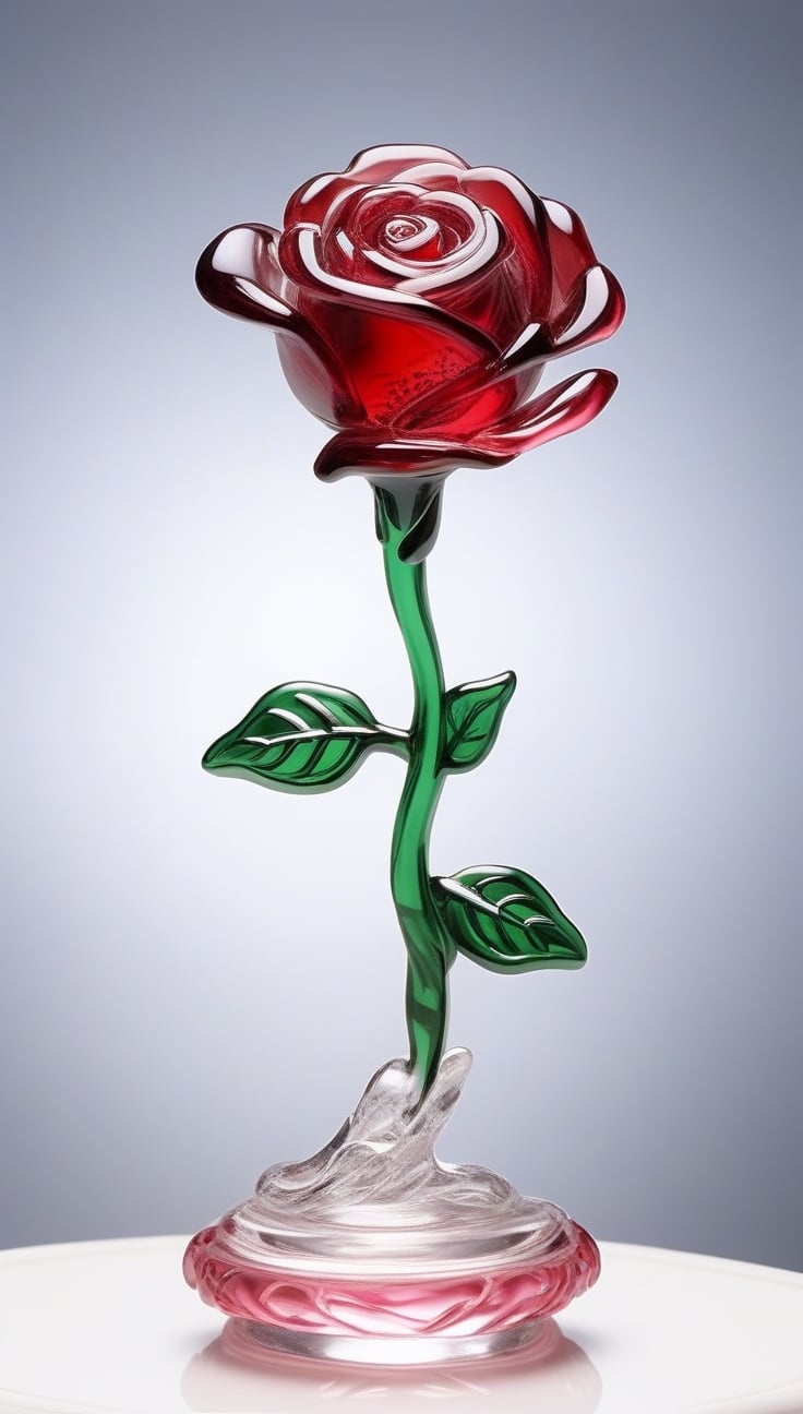 Generate an image of a sophisticated glass art rendition featuring  red rose . The intricately crafted figurine stands elegantly on a desk, capturing the essence of high-end craftsmanship.Clear Glass Skin, pink rose -themed , realistic glass style , Valentine day