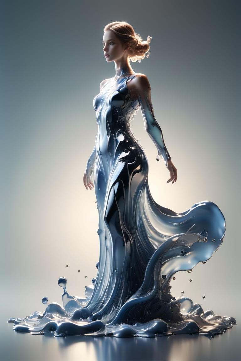 (A stunning statue of a beautiful young woman made from blue molten liquid metal, giving it a mesmerizing mirror effect. Her work captures her slender, curvaceous figure in incredible detail, exuding an air of grace. Created in a surreal style, this digital her art piece shows the artist's deft manipulation of liquid splash effects. The image appears on her DeviantArt, and its high-quality workmanship and striking visuals leave viewers awestruck by its stunning beaut), Detailed Textures, high quality, high resolution, high Accuracy, realism, color correction, Proper lighting settings, harmonious composition, Behance works,liquid dress,watce