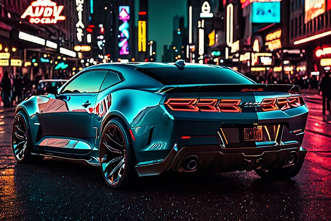 Create a cinematic film still of a futuristic cyberpunk Chevrolet Camaro ZL1, prominently displayed in a bustling night city square. The image should exude a high-budget, epic atmosphere, with a sharp focus on the sleek, smooth lines of the car, which should be highly detailed and rendered in 4K HDR quality for stunning clarity and color depth. The city should be alive with cyberpunk aesthetics, including neon signs and holographic advertisements, captured in cinemascope to emphasize the grandeur of the setting. The mood is moody and gorgeous, with a deep depth of field to highlight the car against the blurred cityscape, accentuated by the bokeh effect of city lights. Ensure the final image is high resolution, with a balance between the sharpness of the car and the smoothness of its surroundings. Mezmerizing atmosphere.