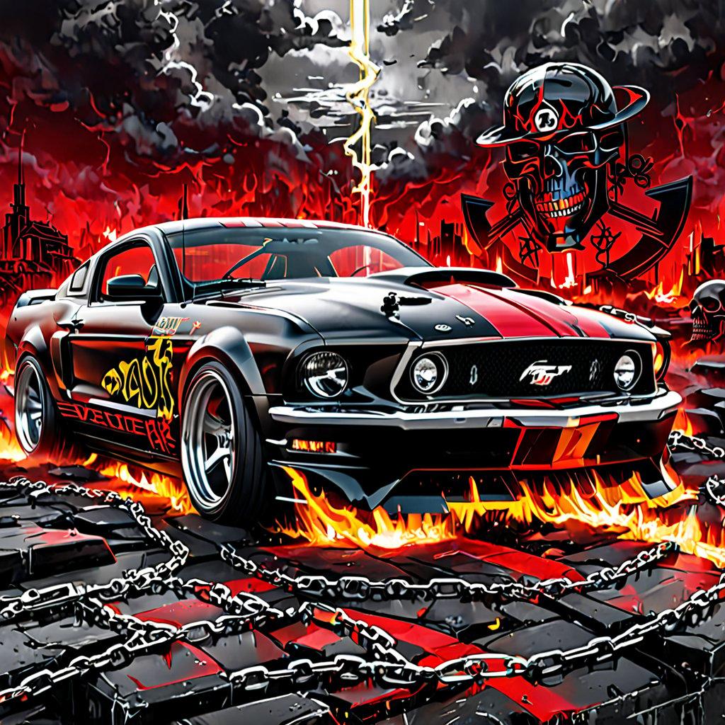 Ultra wide photorealistic medieval gothic image of "2024" lettering, custom design, graffiti, racing serial number, fast lanes, full car Ford mustang, iron chains in the background, crossed colts, skull outline. Dark sun, giant cybernetic abstract, rocky road, black and neon laser yellow-red gray, ink flow - 8k photorealistic masterpiece - by Aaron Horkey and Jeremy Mann - detail. liquid gouache: Jean Baptiste Mongue: calligraphy: acrylic: color watercolor, cinematic lighting, maximalist photo illustration: marton Bobzert: 8k concept art, intricately detailed realism, complex, elegant, sprawling, fantastical and psychedelic, dripping with color,science fiction