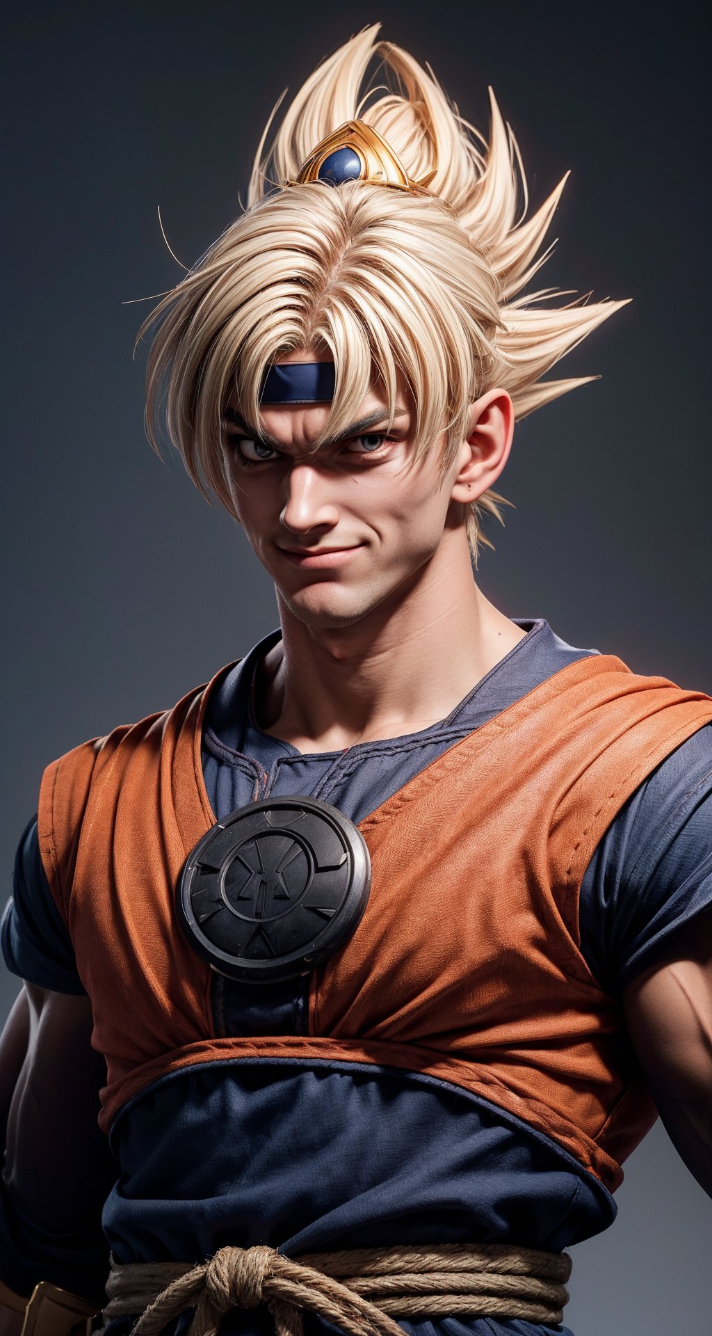 {{masterpiece}}}, {{{best quality}}}, {{{ultra-detailed}}}, {cinematic lighting}, {illustration).
Goku, with his piercing gaze and dark eyes filled with determination, reflects his fearless spirit. His long, spiky blond hair, characteristic of Saiyans, frames his face with an air of constant adventure. His genuine smile radiates warmth and confidence, while his muscular, athletic build evidences his rigorous training. His mark of character, his scars from past battles,  add depth to his figure. Detailed skin texture. Taken together, these physical traits portray Goku as an unflappable and friendly hero with an unmistakable aura.
Defiant look at the viewer.
with a medium shot that shows the character centered in the frame, (looking directly at the viewer: 1.2). ((Also, make sure his entire body is facing the viewer to create a sense of connection: 1.6)).
((Goku's characteristic orange and blue uniform: 1.4)).
(((Emblematic Logo embodied on his chest: 1.6)))
((Total absence of background, gray fade: 1.8))