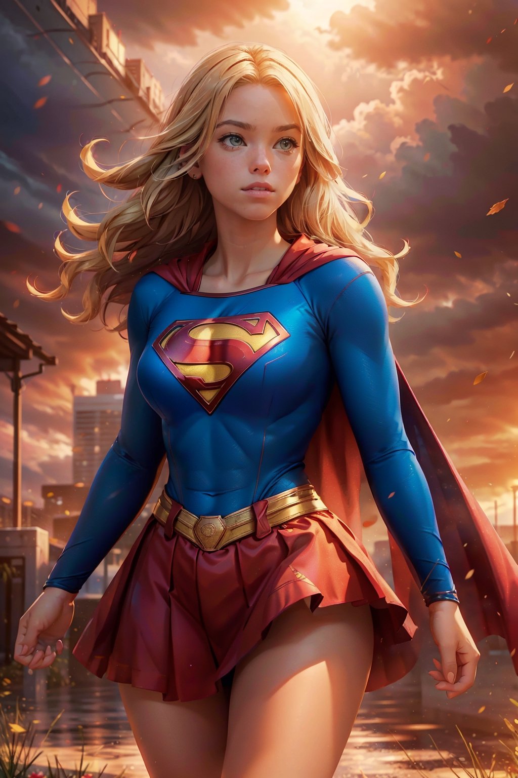 Masterpiece, high quality, UHD, 1girl, blonde, beautiful, superman shirt, red skirt, a woman m111y, wearing supergirl_cosplay_outfit,CLOUD