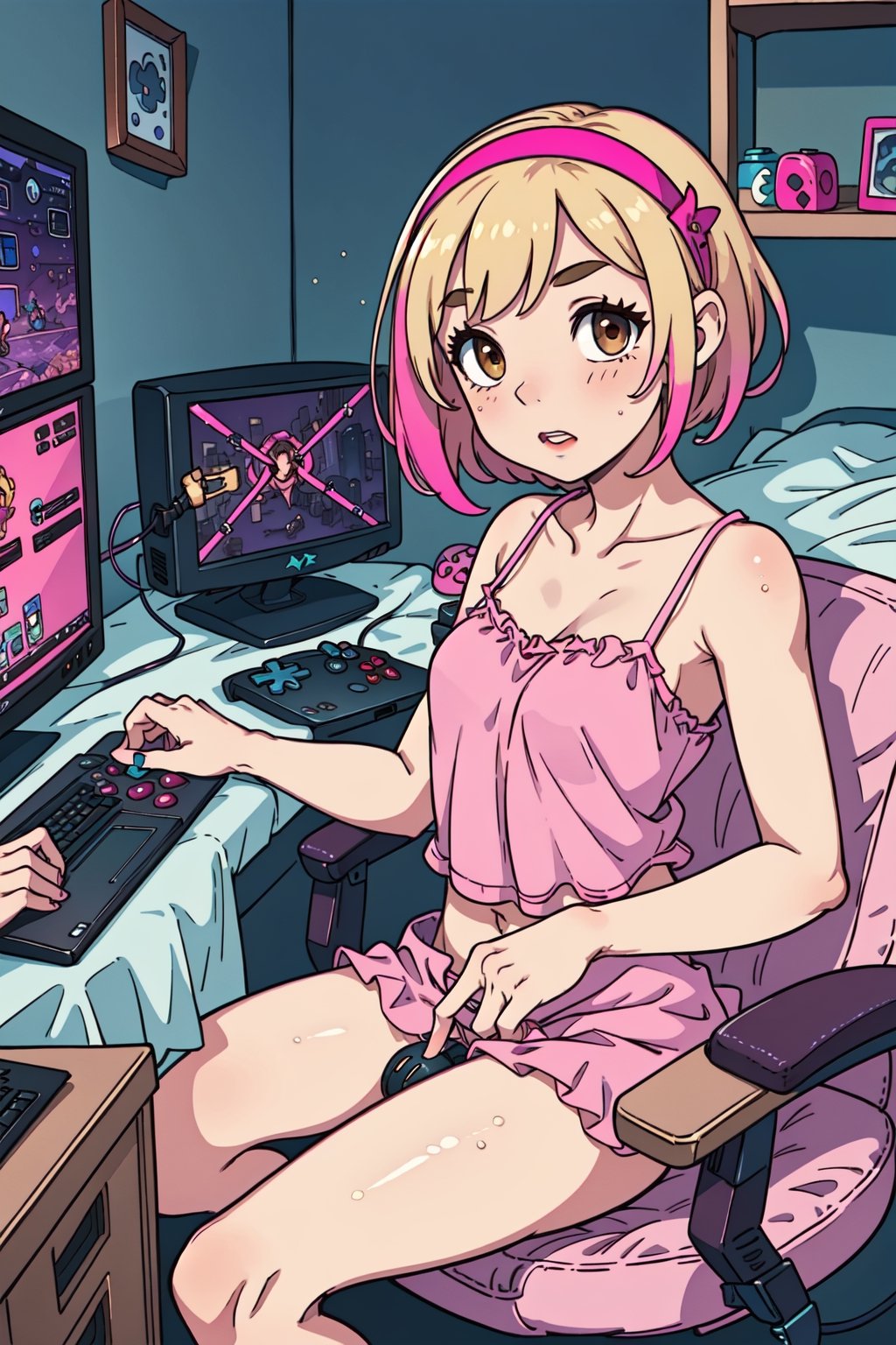 1girl, solo, blonde, short hair, (pink hairband), small breasts, brown eyes, (camisole:1.2), gamer girl, botomless, (vagina:1.3), bare legs, console, controller, computer, adventure videogames on screens, dark room, bedroom, gamerseat, sitting, gameroomconcept, webcam