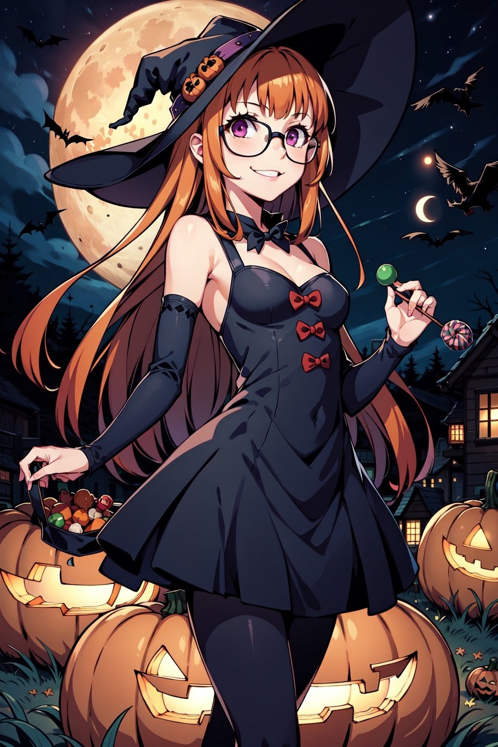 1girl, solo, Kuriyama Mirai, long hair, glasses, small breasts, light smile, Witch hat, pumpkins, night, haunted forest, ravens, full Moon, Candy bag,  orange hair, black dress, Halloween, light smile