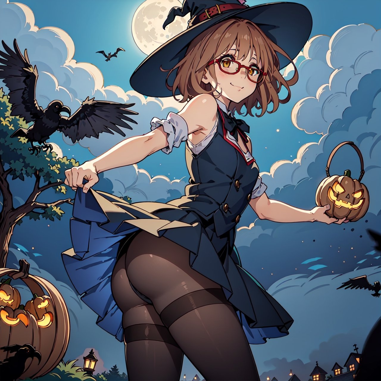 1girl, solo, Kuriyama Mirai, short hair, sidelocks, glasses small breasts, light smile, Witch hat, pumpkins, night, haunted forest, ravens, full Moon, Candy bag, pantyhose, short dress, (black dress:1.2), pantyshot, thighs, ass, skirt lift