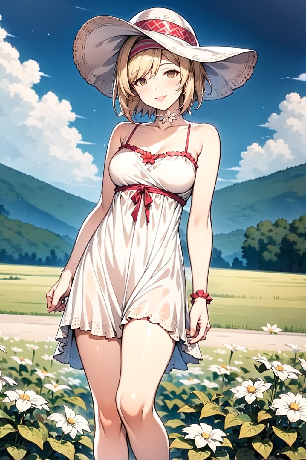 1girl, solo, blonde, short hair, pink hairband, brown eyes, light smile, medium breasts, red lips, white sundress, summer hat, choker, standing in a green and white flower field, blue sky, sunny day,Blonde